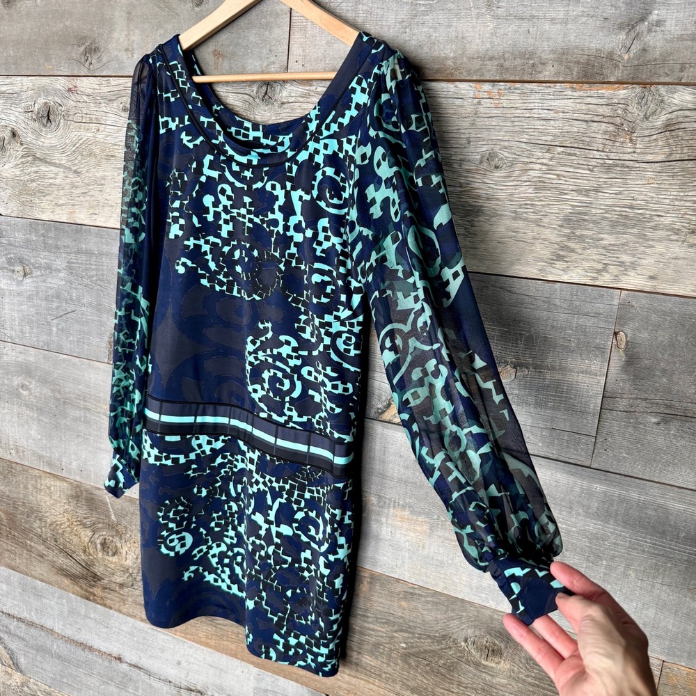 Analili Geometric Scroll Mini‎ Dress Sheer Silk Sleeves M Navy Teal Party Miami